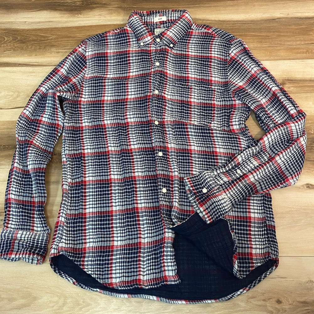 J.Crew Slim Fit Plaid Cotton Lawn Button Down‎ Shirt Mens Medium Red Navy White